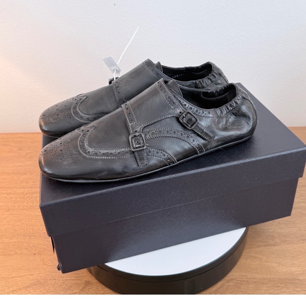 Prada 2EG469 Mens Leather Double Monk Strap Wingtip Shoes Grey Black UK 8.5